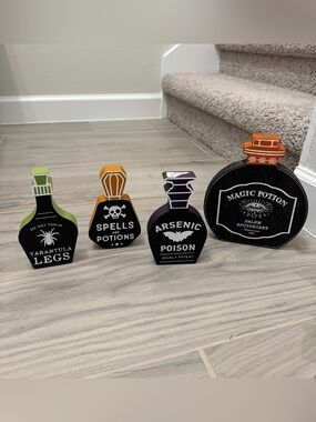 Wooden Halloween Potion Bottle Decor - Black, Purple, Orange, Green
